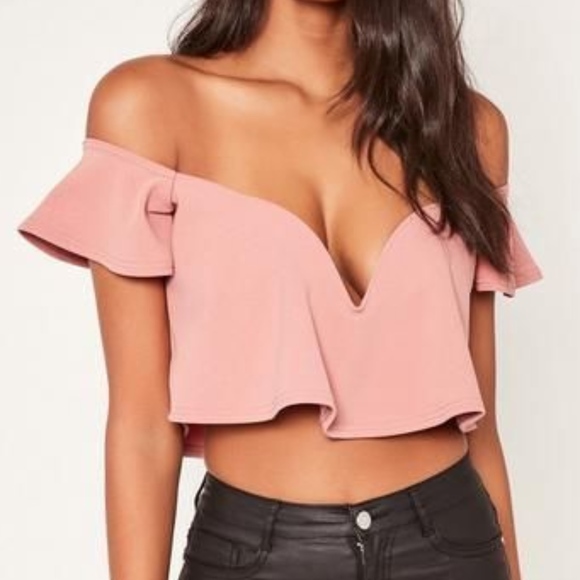 Missguided Tops - Pink Sweetheart Frill Bardot Crop Top